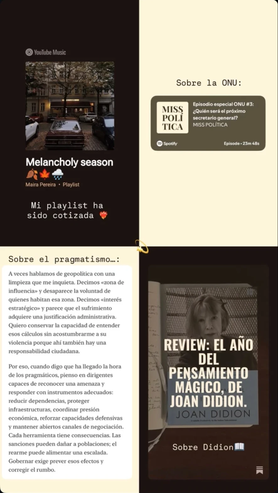 Selección de playlist, podcast y lecturas compartida en las historias de MISS POLÍTICA