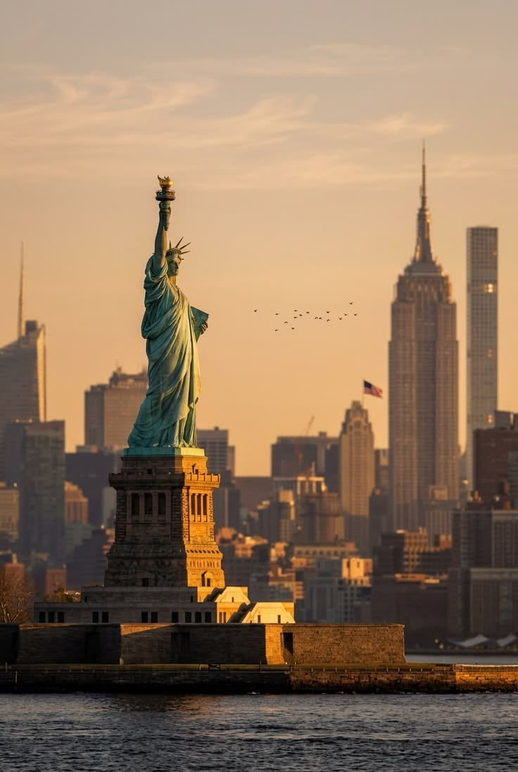 La Estatua de la Libertad con el skyline al fondo en una puesta de sol