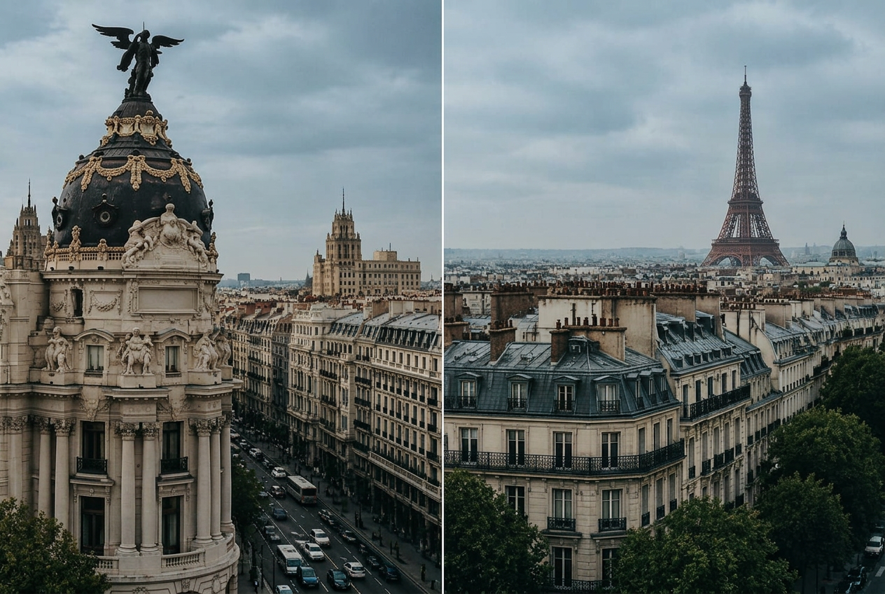 Madrid y París: la cúpula del edificio Metrópolis y los tejados de París con la Torre Eiffel